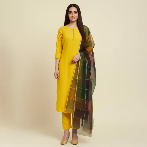 Kamal - 3PC Kattan Silk Suit - Yellow Rangoli