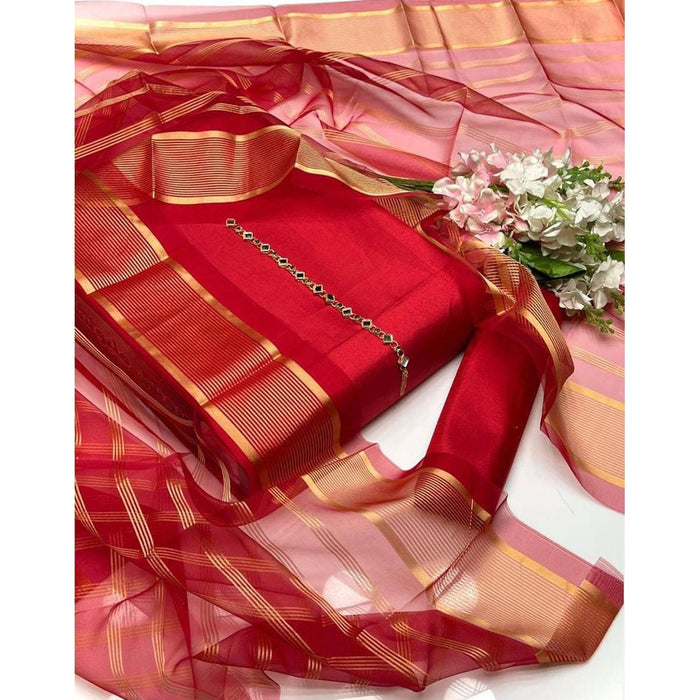 Kamal - 3PC Kattan Silk Suit -Red