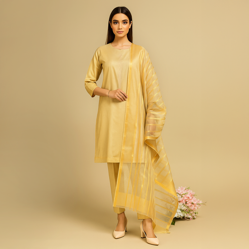 Kamal - 3PC Kattan Silk Suit -Skin