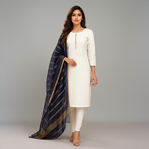 Kamal - 3PC Kattan Silk Suit -White W Navy D