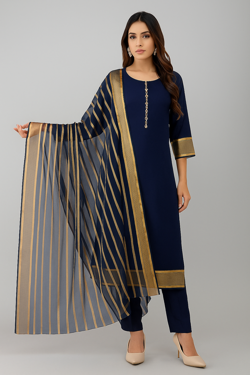 Kamal - 3PC Kattan Silk Suit - Navy